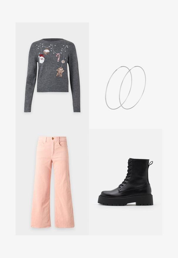 JDY JDYTWINKLE XMAS O NECK PULLOVER - Džemperis - medium grey melange; Rausvos veliūro plačios kelnės su raukšlėtu tekstūru, turinčios dvi priekines kišenes ir metalinį sagos užsegimą.; Juodos odinės aulinukės su apvalia nosimi, raišteliais priekyje ir storesniu guminio pado apačioje su tekstūruotu raštu. Priekyje yra kilputė.; Sidabrinės pusmėnulio auskarai minimalistiniu dizainu. Apskritimo forma, lygus paviršius ir plonas profilis. Lengvi su poliruotu apdailu.