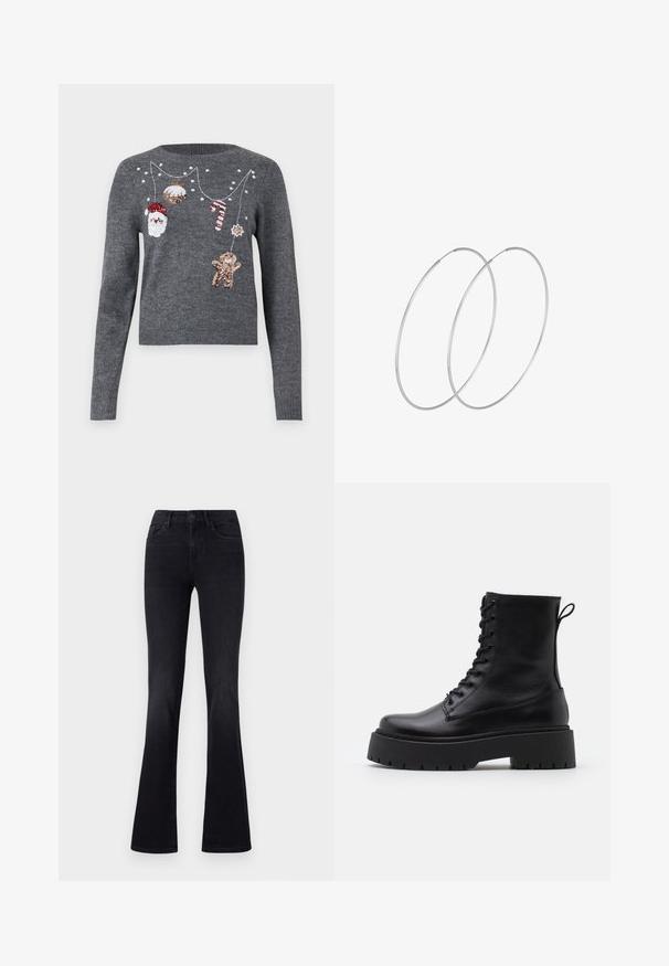 JDY JDYTWINKLE XMAS O NECK PULLOVER - Jersey de punto - medium grey melange; Jeans negros de campana hechos de denim, con una cintura de altura media, bolsillos frontales y cierre de botón con logo estándar. Textura suave, diseño clásico.; Botas de cuero negras hasta el tobillo con punta redonda, cordones en la parte delantera y una suela de goma gruesa con un dibujo texturizado. Tirador en la parte trasera.; Pendientes de aro plateados con un diseño minimalista. Forma circular, textura suave y perfil delgado. Livianos con un acabado pulido.