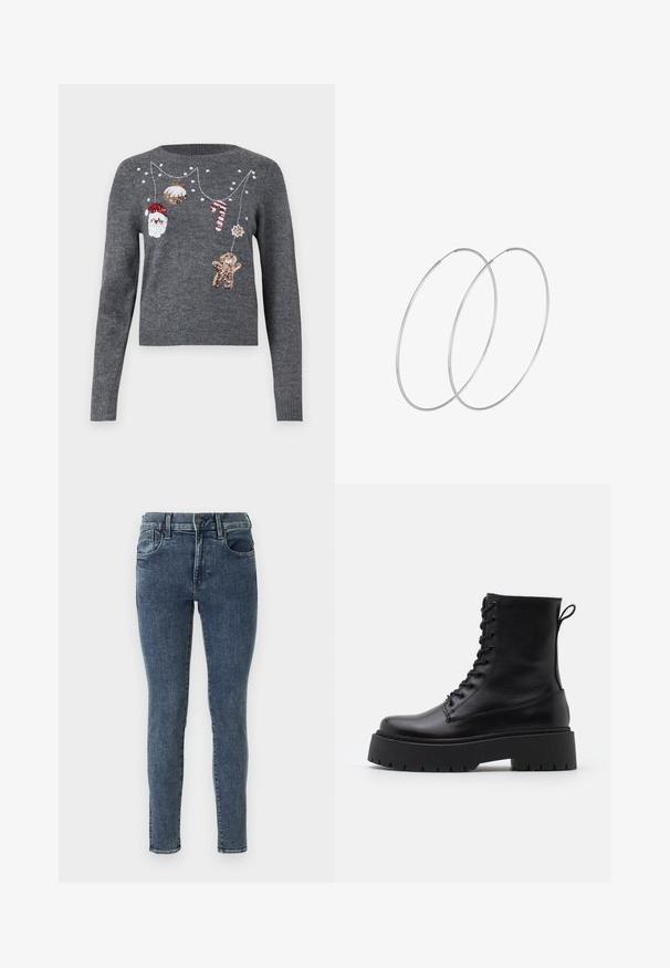 JDY JDYTWINKLE XMAS O NECK PULLOVER - Jersey de punto - medium grey melange; Jeans ajustados en denim azul oscuro con un ligero desgastado. Cuentan con una cintura de altura media, cinco bolsillos y costuras en contraste a lo largo de las costuras.; Botas de cuero negras hasta el tobillo con punta redonda, cordones en la parte delantera y una suela de goma gruesa con un dibujo texturizado. Tirador en la parte trasera.; Pendientes de aro plateados con un diseño minimalista. Forma circular, textura suave y perfil delgado. Livianos con un acabado pulido.