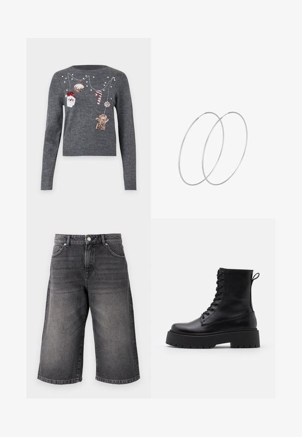JDY JDYTWINKLE XMAS O NECK PULLOVER - Jersey de punto - medium grey melange; Pantalones cortos de mezclilla negra, de corte holgado con una cintura de subida media. Presenta cinco bolsillos, un cierre de botón metálico y una textura desgastada para un aspecto usado.; Botas de cuero negras hasta el tobillo con punta redonda, cordones en la parte delantera y una suela de goma gruesa con un dibujo texturizado. Tirador en la parte trasera.; Pendientes de aro plateados con un diseño minimalista. Forma circular, textura suave y perfil delgado. Livianos con un acabado pulido.