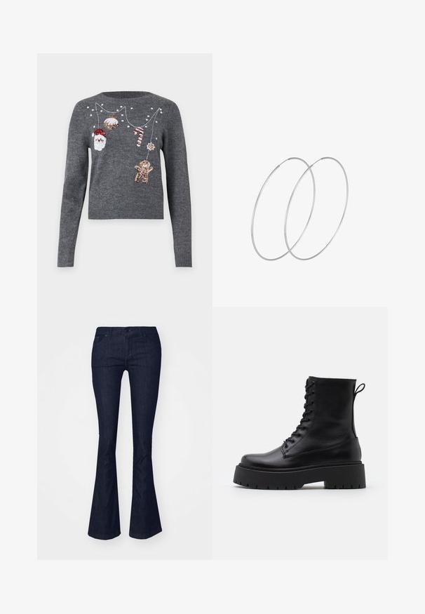 JDY JDYTWINKLE XMAS O NECK PULLOVER - Jersey de punto - medium grey melange; Pantalones vaqueros acampanados de denim oscuro con una cintura de altura media, que presentan bolsillos delanteros y un cierre de botón. Textura suave y acabado limpio.; Botas de cuero negras hasta el tobillo con punta redonda, cordones en la parte delantera y una suela de goma gruesa con un dibujo texturizado. Tirador en la parte trasera.; Pendientes de aro plateados con un diseño minimalista. Forma circular, textura suave y perfil delgado. Livianos con un acabado pulido.