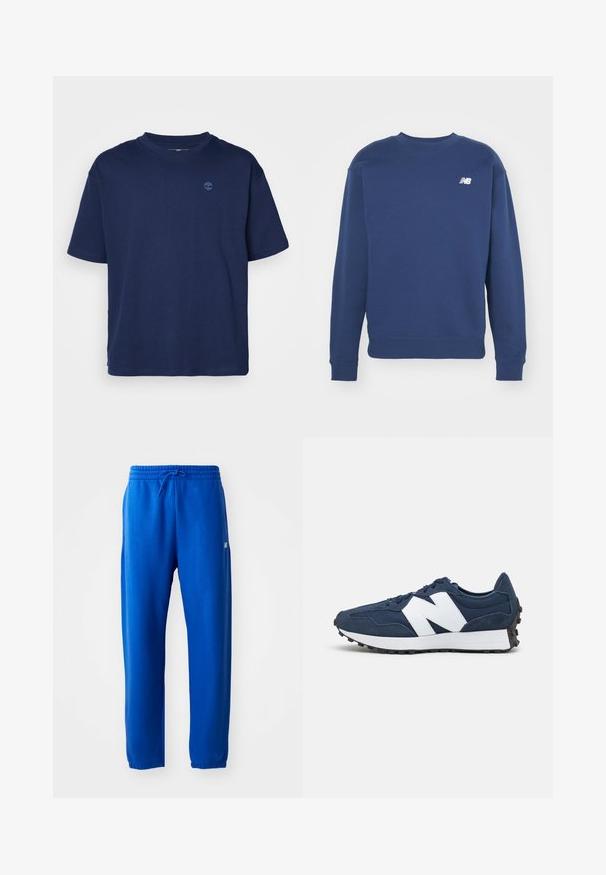Námornícky modré mikina vyrobená z bavlneného zmesi, s okrúhlym výstrihom, dlhými rukávmi, rebrovanými manžetami a malým bielym logom na hrudi.; Námornícky modré bavlnené tričko s okrúhlym výstrihom, krátkymi rukávmi a malým tónovým logom na hrudi. Casual strih, hladká textura.; Modré tepláky vyrobené z jemnej látky, s elastickým pásom na šnúrku, so zúženými nohavicami a malým logom na boku.; Námornícky modré športové topánky s bielym logom, semišovým a sieťovinovým zvrškom, vybavené polstrovaným golierom, plochými šnúrkami a textúrovanou čiernou gumovou podrážkou.
