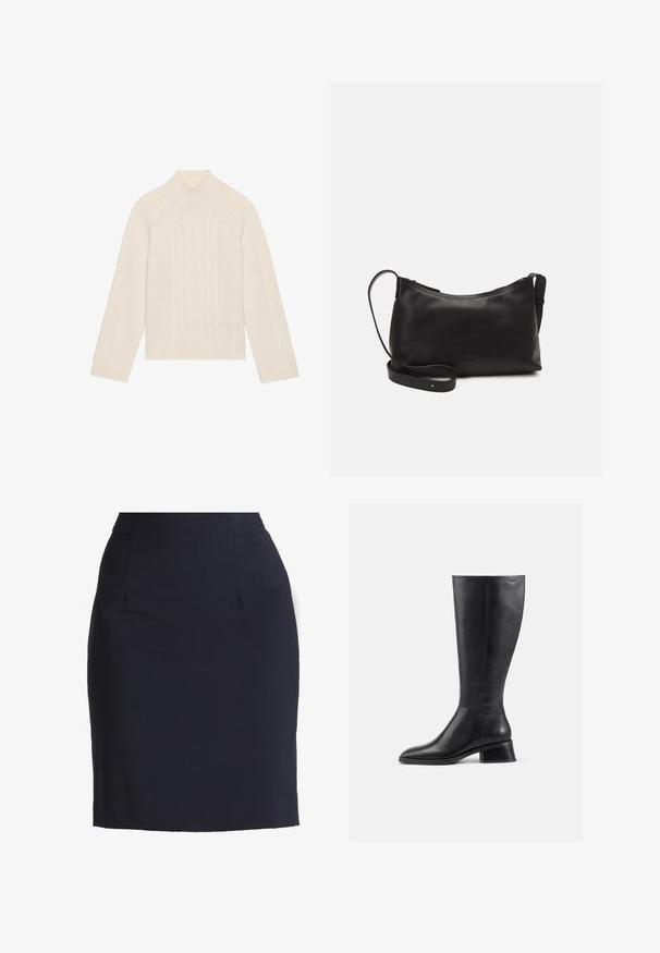 Pulover tricotat de culoare crem, cu guler înalt și detalii cu model de sfoară. Are mâneci lungi și tivuri și hem cu bandă elastică.; Fustă creion bleumarin dintr-un material neted, cu o siluetă ajustată, având buzunare frontale și cusături subtile pentru o structură bine definită.; Cizmă din piele neagră până la genunchi, cu vârf rotund și toc mic, pătrat. Are o textură netedă și detalii minime de cusătură.; Geantă de umăr din piele neagră, cu o textură netedă, formă curbată, curea ajustabilă și închidere cu fermoar. Design minimalist, fără embellishments.