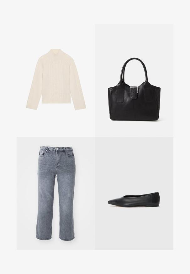 Cremefarbene Strickjacke mit hohem Kragen und Zopfmuster. Mit langen Ärmeln sowie gerippten Bündchen und Saum.; Graue, hoch taillierte Jeans aus Denim mit geradem Bein, zwei Fronttaschen und einer einzelnen Gesäßtasche mit subtilen Ausbleichungen.; Schwarze Leder-Balletschuhe, spitze Zehenform, minimalistische Gestaltung, glatte Textur, niedriger Absatz, keine sichtbaren Beschläge oder Verzierungen.; Schwarze Leder-Tote mit glatter Textur, strukturiertem Design, zwei Griffen und einem auffälligen silbernen Schnallen-Detail auf der Vorderseite.; Silberner Doppelring mit einer glatten, polierten Oberfläche. Verfügt über ein fließendes, kurviges Design mit überlappenden Abschnitten für einen modernen Look.