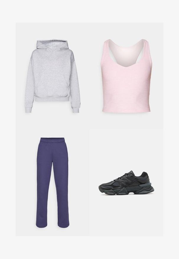 Pelēks uztura kapuce ar auklu, priekšējo kabatu, ribotām piedurknēm un apakšmalu. Izgatavota no mīksta, teksturēta auduma.; Gaiši rozā bez piedurknēm, īsas topa versijas, izgatavots no mīksta materiāla, ar V veida dekoltē un sacensību aizmuguri, ar gludu tekstūru.; Violet bikses ar elastīgu jostu, taisnām kājām un mīkstu kokvilnas maisījuma audumu. Nav redzamu rakstu vai detalizācijas elementu.; Melna skriešanas apavi ar jauktu acu audumu un sintētiskiem materiāliem, masīvu zoli, izliekta dizaina elementiem un izteiktu zīmola logotipu uz sāniem.