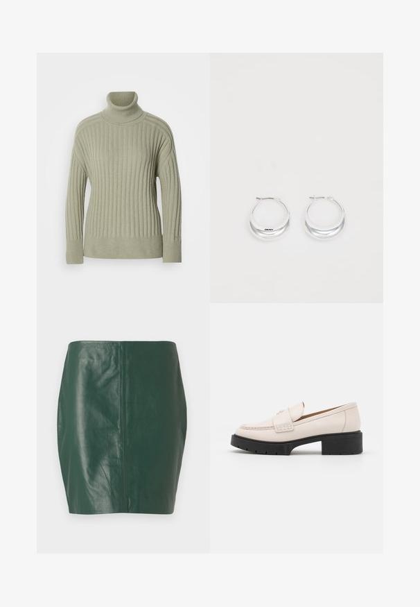 Gaiši zaļš augstais kakls džemperis, izgatavots no ribota adījuma. Pilienveida plecu dizains, minimālas šuvju detaļas un garas piedurknes.; Zaļš ādas mini svārks ar gludu tekstūru un pieguļošu formu. Ir beztaras dizains bez redzamām aizdarēm vai metāla elementiem.; Gai krēmkrāsas ādas loaferi ar šuvēm priekšpusē un teksturētu melnu platformas papēdi. Ir izliekts dizains un neliels pacēlums.; Sudraba riņķa auskari ar pulētu apdari un DKNY zīmolu, parādīti uz vienkārša balta fona.