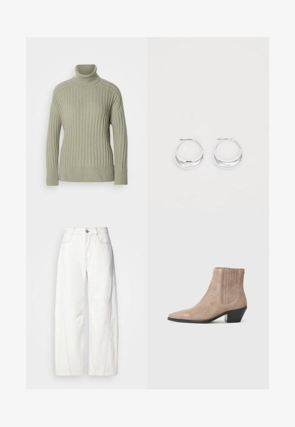 Light green turtleneck sweater made of ribbed knit fabric. Drop shoulder design, minimal seam detailing, and long sleeves.; White wide-leg jeans made from denim with visible stitching. Features a button closure and slight texture. Pockets on the front.; Beige suede ankle boot with a pointed toe and molded heel, featuring vertical stitching accents on the sides.; Silver hoop earrings with a polished finish and DKNY branding, displayed against a plain white background.