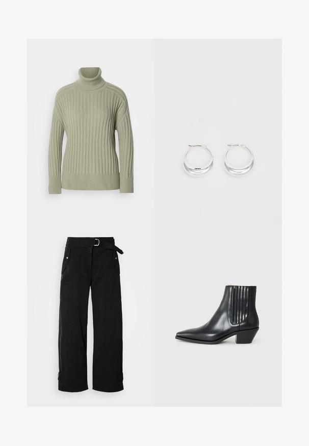 Vihreä turtleneck-paita, joka on valmistettu ribbikangasta. Pudotetut olkapäät, minimaalinen sauman yksityiskohtaisuus ja pitkät hihat.; Mustat leveät housut vyöllä, useilla taskuilla ja kulmikkailla saumoilla. Valmistettu kestävästä kankaasta, jossa on sileä pinta.; Musta nahkainen nilkk boot, jossa on terävä kärki, elastiset sivupaneelit pystyröytiä ja matala lohkarepohja. Sileä pinta ja tyylikäs muotoilu.; Hope hopea, joissa on kiiltävä pinta ja DKNY-brändäys, aseteltuna yksinkertaista valkoista taustaa vasten.