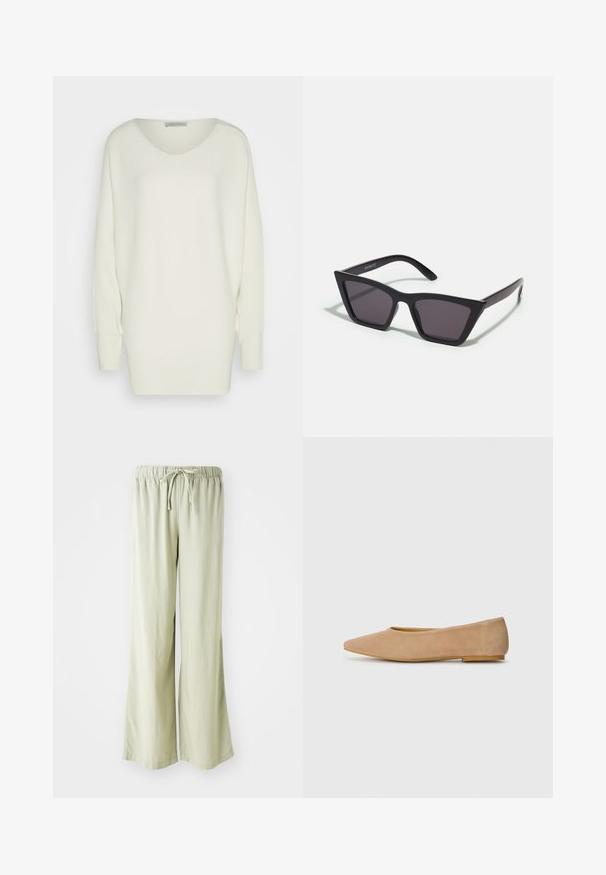 Oversized witte trui van ribgebreide stof, met een brede halslijn, verlaagde schouders en lange mouwen met aansluitende manchetten.; Lichtgroene wijde broek met een elastieken tailleband en koord. Gemaakt van een zachte, textuurstof; afgewerkte randen zonder zichtbare patronen.; Beige suède ballerina's met een puntige neus, lage hak, een gladde textuur en een minimalistisch ontwerp. Geen zichtbare hardware of versieringen.; Zwarte, hoekige zonnebril met grijze lenzen; gemaakt van plastic, met dikke armen met een gladde oppervlakte en zonder zichtbare hardware.; Bruine geweven leren handtas met een gebogen, geknoopte hengsel en een ritsluiting. Glad oppervlak en ronde vorm.