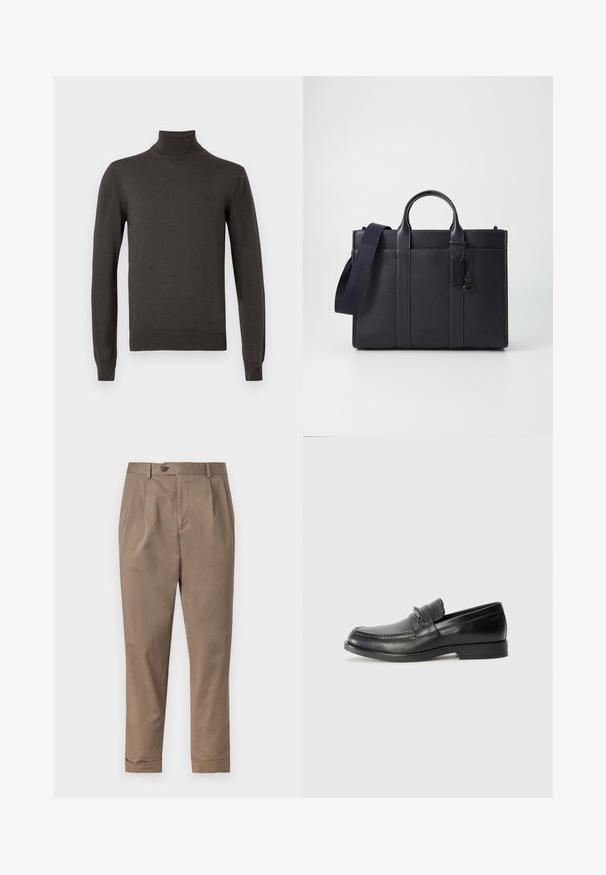 Dunkelgrauer langärmeliger Rollkragenpullover mit enger Passform und subtiler Markenlogo auf der linken Brust.; Khakihosen mit taillierter Passform, ausgestattet mit einer vorderen Falte, einem Knopfverschluss und umgeschlagenen Säumen. Hergestellt aus einem leichten Baumwoll-Mischgewebe.; Schwarze Lederloafers mit runder Zehenform, ausgestattet mit einem gesteppten Design, einem kleinen Frontriemen mit Hardware-Details und einer flachen Gummisohle.; Dunkelblaues Lederaktentasche mit doppelten oberen Griffen und einem abnehmbaren Gurt. Merkmale sind die strukturierte Oberfläche, vertikale Nähte und das Logo-Detail.