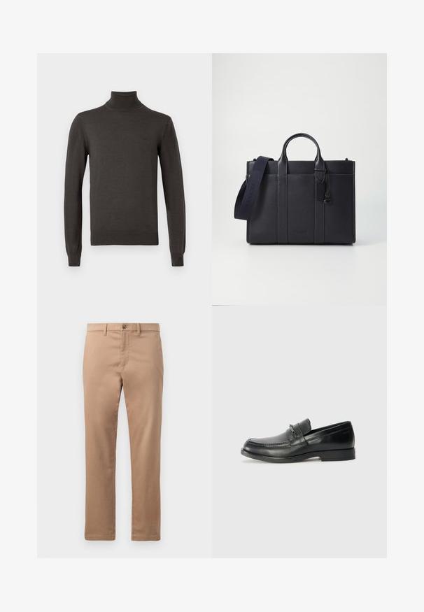 Dark grey long-sleeve turtleneck sweater with a slim fit and subtle brand logo on the left chest.; Tan chinos made of cotton with a smooth texture, featuring a zip fly and button closure. Straight leg design, no visible patterns or accents.; Black leather loafers with a rounded toe, featuring a stitched design, a small front strap with hardware detailing, and a flat rubber sole.; Dark navy leather briefcase with dual top handles and a detachable strap. Features textured finish, vertical stitching, and logo detail.