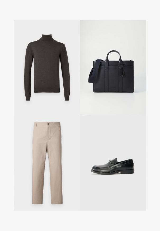 Tmavě šedý dlouhý rukáv svetr s rolákem, s úzkým střihem a jemným logem značky na levé části hrudi.; Béžové kalhoty rovného střihu vyrobené z bavlny. Disponují předním zapínáním na knoflík, bočními kapsami a čistým designem bez ozdob.; Černé kožené mokasíny s kulatou špičkou, s prošívaným vzorem, malým předním páskem s kovovými detaily a plochou gumovou podrážkou.; Tmavě námořnická kožená aktovka s dvojitými horními rukojeťmi a odnímatelným popruhem. Má texturovaný povrch, vertikální švy a detail s logem.