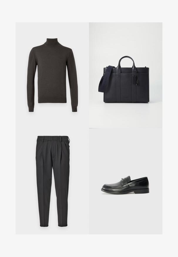 Tmavě šedý dlouhý rukáv svetr s rolákem, s úzkým střihem a jemným logem značky na levé části hrudi.; Černé kalhoty vyrobené z hladké tkaniny, s plisovaným předním dílem, elastickým pasem a rovnými nohavicemi se zúženým dnem.; Černé kožené mokasíny s kulatou špičkou, s prošívaným vzorem, malým předním páskem s kovovými detaily a plochou gumovou podrážkou.; Tmavě námořnická kožená aktovka s dvojitými horními rukojeťmi a odnímatelným popruhem. Má texturovaný povrch, vertikální švy a detail s logem.