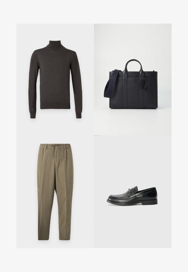 Dunkelgrauer langärmeliger Rollkragenpullover mit enger Passform und subtiler Markenlogo auf der linken Brust.; Taupe Cord-Pants mit elastischem Bund, Gürtelschlaufen und Kordelzug, gerader Beinanschnitt vor weißem Hintergrund.; Schwarze Lederloafers mit runder Zehenform, ausgestattet mit einem gesteppten Design, einem kleinen Frontriemen mit Hardware-Details und einer flachen Gummisohle.; Dunkelblaues Lederaktentasche mit doppelten oberen Griffen und einem abnehmbaren Gurt. Merkmale sind die strukturierte Oberfläche, vertikale Nähte und das Logo-Detail.