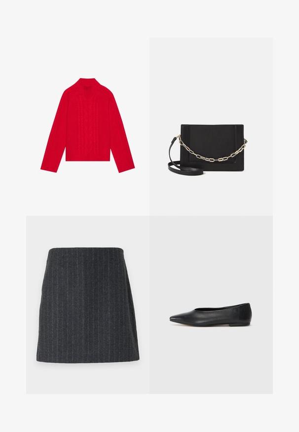 Punainen neulepaita, jossa on korkea kaulus, ja jossa on palmikkoneulekuvio sekä ribbireunat hihoissa ja helmassa. Valmistettu pehmeästä, teksturoidusta materiaalista.; Tummanharmaa mini-hame, joka on valmistettu teksturoidusta kankaasta, jossa on pystysuorat raitakuviot. Suora leikkaus, jossa on joustava vyötärö ja sileä pinta.; Musta nahkainen ballerinatyyppinen kenkä, terävä kärki, minimalinen muotoilu, sileä pinta, matala korko, ei näkyvää metalliosaa tai koristeita.; Musta nahkainen olkalaukku, jossa on sileä pinta, suorakulmainen muoto ja metalliketju yksityiskohtana edessä. Mukana säädettävä hihna.