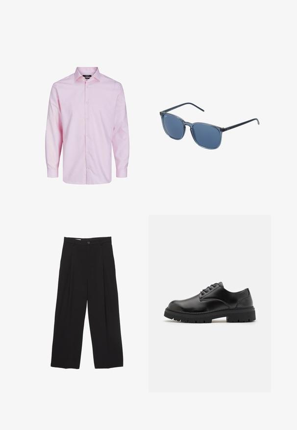 Krémový pletený sveter s ryhovanou textúrou, okrúhlym výstrihom, spadnutými ramenami a dlhými rukávmi. Mäkšia látka poskytuje teplo a pohodlie.; Svetloružová košeľa s dlhým rukávom a gombíkmi, vyrobená z bavlny. Má klasický golier, predné gombíky a hladkú textúru. Jednoduchý design.; Čierne široké nohavice vyrobené z hladkej tkaniny, s plochým pásom, prednými záhybmi a jedným zapínaním na gombík.; Čierne kožené topánky s okrúhlou špičkou, šnurovací dizajn a hrubou, textúrovanou gumovou podrážkou. Má šitie pozdĺž okraja a hladký povrch.; Modré obdĺžnikové slnečné okuliare s sivými tónovanými sklíčkami, plastovým rámom, kovovými akcentmi a matným povrchom na stranách.; Čierna taška s dlhými uchami, vyrobená z hladkej textílie. Obsahuje prednú vrecko a minimalistický dizajn. Žiadne viditeľné kovanie ani vzory.
