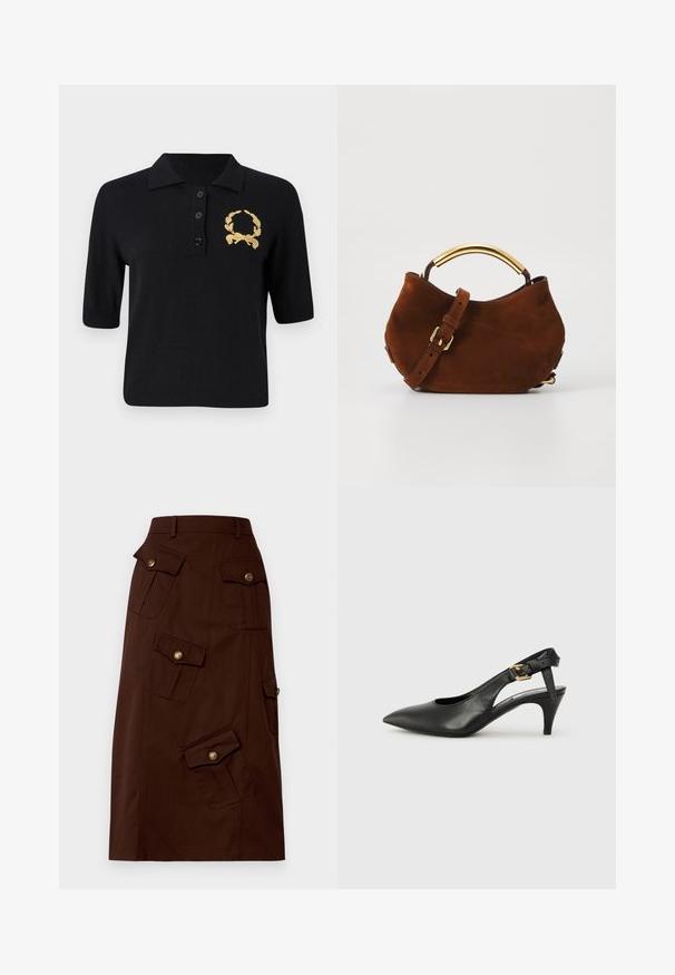 Polo negro de manga corta hecho de una tela suave, con cuello, tres botones y un emblema de una corona de laurel dorada en el lado izquierdo del pecho.; Falda marrón hasta la rodilla hecha de algodón, con múltiples bolsillos con solapa que cuentan con botones dorados y una cinturilla ajustada. Textura suave.; Zapato de tacón destalonado de cuero negro con punta afilada, tacón pequeño y detalle de hebilla en la correa del tobillo. Textura suave, diseño minimalista.; Bolso de ante marrón con un asa curvada en tono dorado, correa ajustable y textura suave. Presenta un diseño minimalista y sin herrajes visibles.