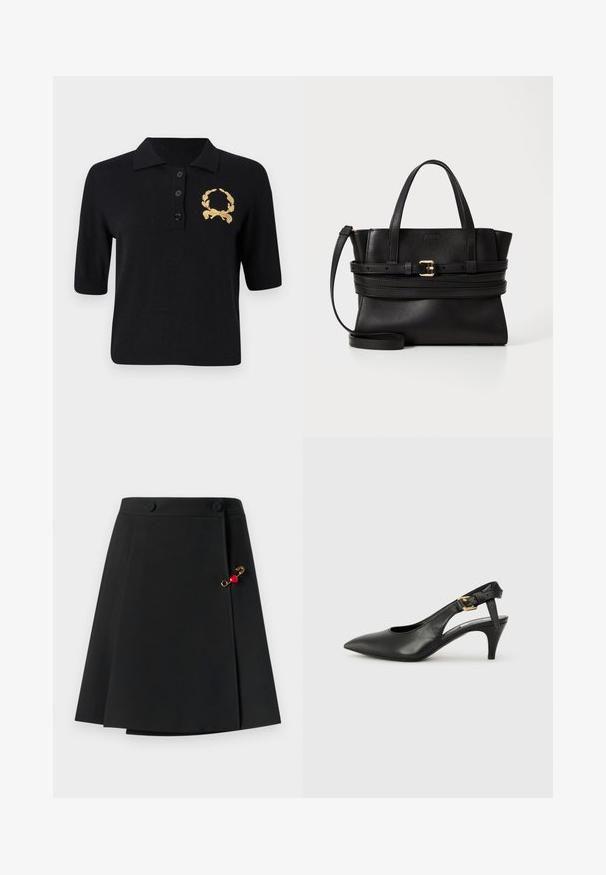 Černé polo tričko s krátkým rukávem vyrobené z měkké tkaniny, s límečkem, třemi knoflíky a zlatým vavřínovým věncem na levé části hrudi.; Černá sukně s rozšířeným designem, která má dva přední knoflíky a zlatý akcent s červeným srdíčkem na boku. Hladká textury látky.; Černé kožené lodičky se slingback, špičatou špičkou, malým podpatkem a detailem s přezkou na pásku kolem kotníku. Hladká textura, minimalistický design.; Černá kožená kabelka se strukturovaným designem, dvojitými horními uchy, odnímatelným popruhem a zlatým zdobením na horizontálním pásku.