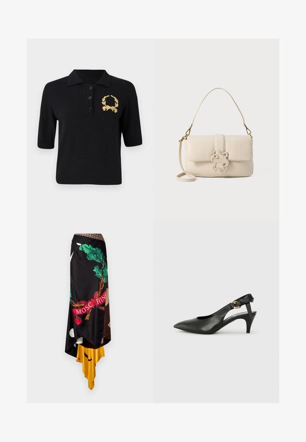 Polo shirt noir à manches courtes en tissu doux, avec un col, trois boutons et un emblème de couronne de laurier doré sur la poitrine gauche.; Jupe asymétrique noire avec des motifs audacieux verts et rouges, dotée d'une taille marron et d'un ourlet contrastant jaune. Tissu lisse et texturé.; Chaussure à talon slingback en cuir noir avec un bout pointu, un petit talon et un détail de boucle sur la bride de cheville. Texture lisse, design minimaliste.; Sac à main en cuir crème avec une fermeture à rabat, quincaillerie dorée et un accent décoratif tressé. Il est équipé d'une bandoulière amovible.