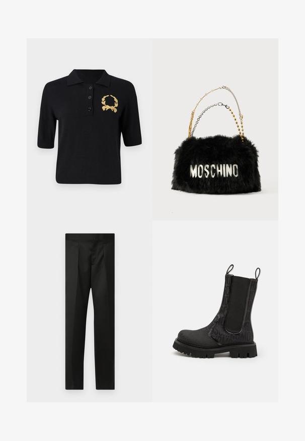 Juodas trumpų rankovių polo marškinėliai, pagaminti iš minkštos medžiagos, su apykakle, trimis mygtukais ir auksiniu laurų vainiko emblema kairiajame krūtinės kampe.; Juodos kelnės su lygiu audiniu, pritaikytu dizainu, tiesiomis kojomis ir plokščiu juosmeniu be matomų užsegimų ar kišenių.; Juodos kulkšnies aulinukės su tekstūruotu paviršiumi ir iškilmingu užrašu, elastiniais šonais ir masyviu guma pagamintu padu su lygiu protektoriumi.; Juodas dirbtinio kailio rankinės dizainas su auksinėmis ir sidabrinėmis grandinėmis. Ant priekio užrašas "MOSCHINO" baltos spalvos. Minkšta tekstūra ir stačiakampis forma.