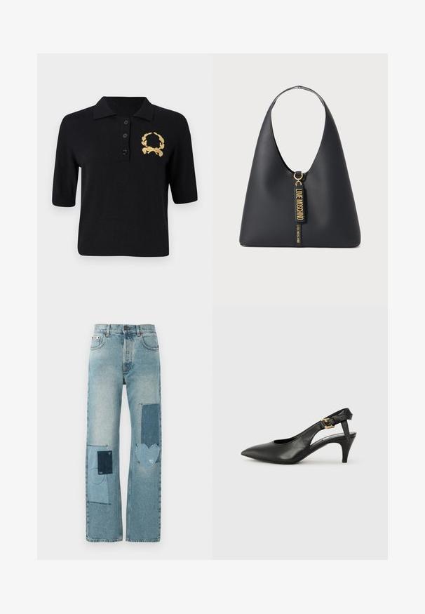 Černé polo tričko s krátkým rukávem vyrobené z měkké tkaniny, s límečkem, třemi knoflíky a zlatým vavřínovým věncem na levé části hrudi.; Světle modré denimové džíny s rovným střihem. Obsahují několik kontrastních nášivek, včetně srdcového tvaru a systematických detailů prošívání.; Černé kožené lodičky se slingback, špičatou špičkou, malým podpatkem a detailem s přezkou na pásku kolem kotníku. Hladká textura, minimalistický design.; Černá kožená kabelka přes rameno s širokým popruhem, zlatými detaily a dvěma visícími štítky s vyraženým nápisem "LOVE MOSCHINO" ve zlatých písmenech.