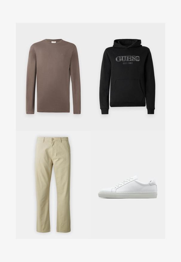 Zwarte GUESS-trui met voorzak, capuchon en witte geborduurde "GUESS EST. 1981" logo op de borst.; Lange mouwen bruin katoen T-shirt met ronde hals; heeft een klein logo op de borst en een gladde, lichte textuur.; Beige katoenen broek met een recht ontwerp, knoopsluiting aan de voorkant en riemlussen. Gladde textuur, geen zichtbare patronen of accenten.; Witte sneaker met een gladlederen bovenwerk en een laag profiel. Voorzien van een ronde neus, zes vetergaatjes en een gestructureerde rubberen zool.