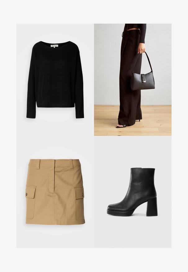 Črna majica z dolgimi rokavi, izdelana iz mehkega materiala, s širokim okrogłym izrezom in sproščenim krojem, brez vidnih vzorcev ali dodatkov.; Khaki bomba krilo z oblikovanim pasom, dvema stranskima žepoma z zaskočno zaprtje in ravnim krojem. Trajna tkanina z gladko teksturo.; Črne usnjene gležnjarje z blok peto in platformo, prikazane s strani na enobarvni beli podlagi.; Črna torbica z strukturirano obliko, gladko teksturo in kovinskim zaponko. Ujemajo se z širokimi črnimi hlačami in odprtimi sandali na lesenem tleh.