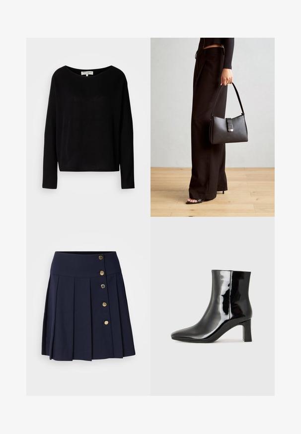 Svart langermet skjorte laget av mykt materiale, med vid rund hals og avslappet passform, uten synlige mønstre eller hardvarer.; Marineblå plissert skjørt med høy midje, med fem gullknapper foran og en jevn tekstur. Passer til ulike anledninger.; Sorte patentlær ankle boot med spiss tå og en mellomhøy blokkhelt. Glatt tekstur og minimalistisk design.; Svart håndveske med strukturert form, jevn tekstur og metallisk lås. Kombinert med brede svarte bukser og sandaler med åpen tå på tregulv.