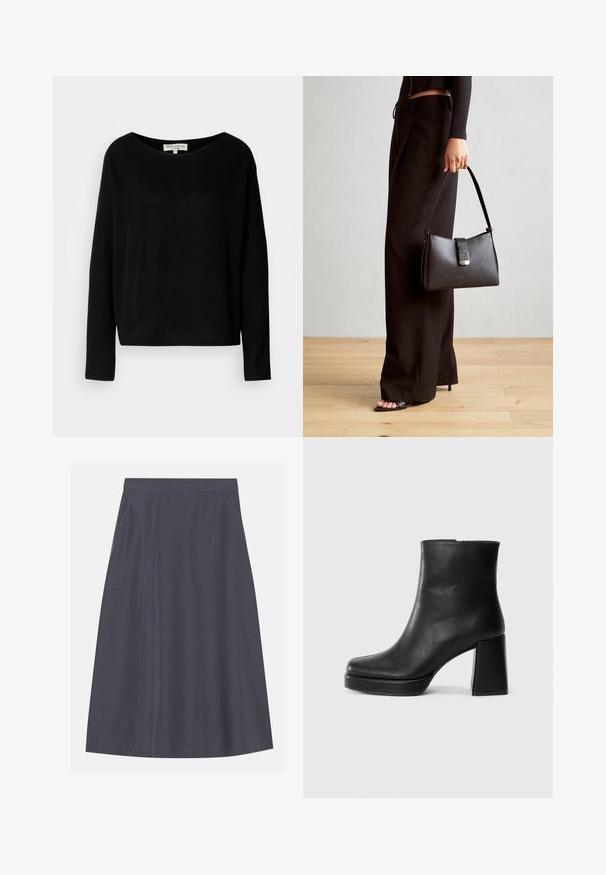 Schwarzes langärmliges Shirt aus weichem Material, mit weitem Rundausschnitt und lockerer Passform, ohne sichtbare Muster oder Beschläge.; A-Linie, dunkelgrau Röcke aus einem glatten Stoff mit seitlichen Taschen, featuring einen sauberen Bund und dezente Nahtdetails.; Schwarze Leder-Stiefelette mit Blockabsatz und Plattformsohle, seitlich auf einem schlichten weißen Hintergrund betrachtet.; Schwarze Handtasche mit strukturierter Form, glatter Textur und einem metallischen Verschluss. Kombiniert mit weiten schwarzen Hosen und offenen Sandalen auf einem Holzboden.