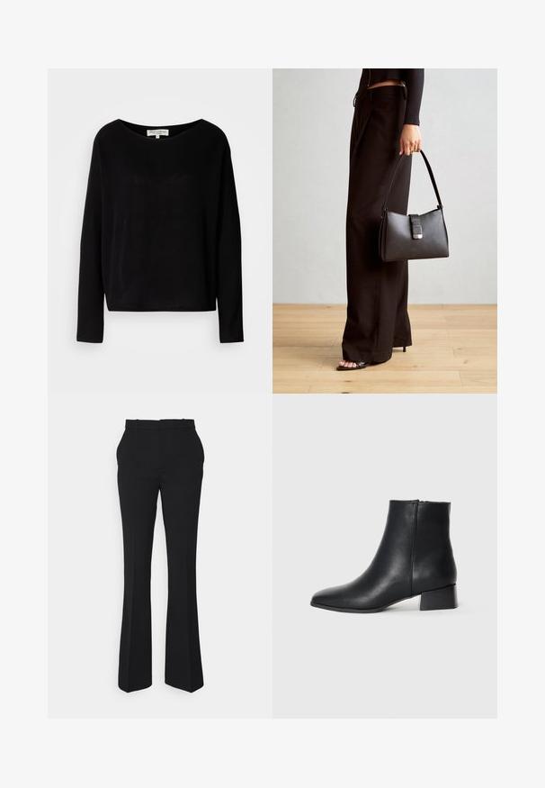 Cămașă neagră cu mâneci lungi, confecționată dintr-un material moale, având o guler rotund larg și o croială lejeră, fără model vizibil sau elemente metalice.; Pantaloni negri evazați, confecționați dintr-un material neted, având o talie medie, bucle pentru curea și un siluetă curată, ajustată.; Botina din piele neagră, cu vârf ascuțit și toc mic, având o textură netedă și un design minimalist.; Genți negre cu o formă structurată, textură netedă și un închizător metalic. Asortată cu pantaloni negri largi și sandale cu vârf deschis pe un podea din lemn.