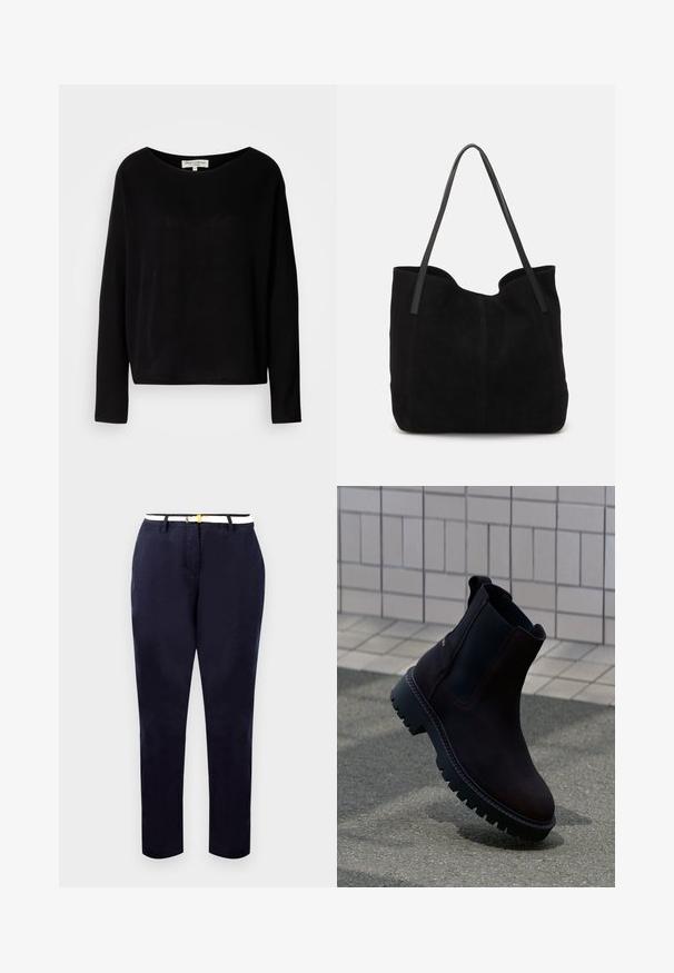 Must mustriga särk, mis on valmistatud pehmest materjalist, laia ümmarguse kaelusega ja mugava lõikega, ilma nähtavate mustrite või metalldetailideta.; Tumesid chinosid kitsas lõikega, puuvillast kangast, valge vöö kuldse tooniga buckliga. Sile tekstuur, sirged jalad, minimalistlik disain.; Pruunid nahast pahkluu saapad mustade elastsete külgpaneelidega ja paksu, vastupidava tallaga. Tunnuslik õmblus ääred.; Mustas väljast valmistatud käsitasku, millel on kaks pikka, lamedat nahkrihma. Omab kaardus ülemist serva ja nähtavat õmblust esiküljel. Ilma metallist aksessuaarideta.