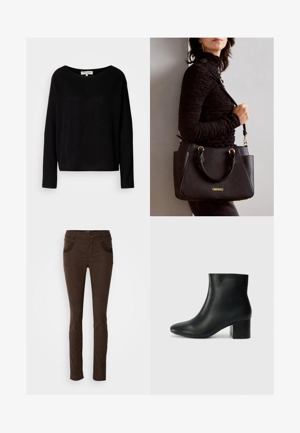 Camisa preta de manga longa feita de material suave, com um decote redondo largo e um corte descontraído, sem padrões visíveis ou acessórios.; Calças castanhas de corte slim, feitas de um tecido misto de algodão. Apresentam bolsos frontais com costura decorativa, fecho de botão e uma textura suave.; Botas de tornozelo em pele preta com bico pontiagudo e um salto robusto. Textura suave com acentos mínimos e um design ajustado e elegante.; Bolsa preta com superfície texturizada, alças superiores duplas e alça de ombro ajustável. Apresenta ferragens em tom dourado e bolsos laterais.