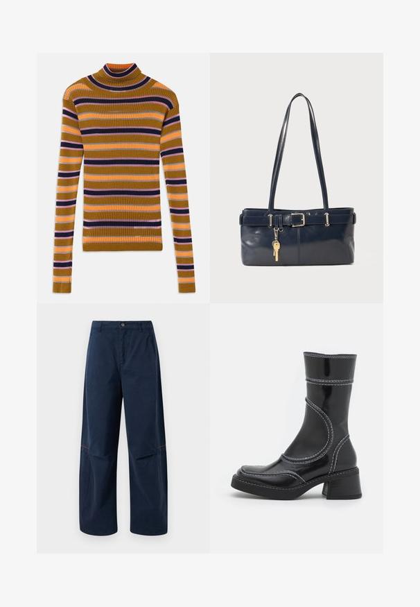 Ribbed long-sleeve turtleneck sweater with horizontal stripes in mustard, pink, orange, black, and gray on a white background.; Navy blue wide-leg pants with front button, belt loops, side pockets, and subtle red stitching above the knee area.; Black patent leather ankle boot with white stitching, rounded toe, and block heel. Features curved design lines and a smooth texture.; Navy leather handbag with two long handles, a buckle detail, and a keychain attached. Features a smooth texture and a rectangular shape.