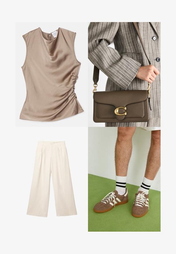Bruine gebreide trui met een V-hals, lange mouwen, iets cropped ontwerp en geribbelde zoom. Zachte textuur met een gladde afwerking.; Cowl neck mouwloze top in beige satijn. Beschikt over geplooide details aan de zijkant en een rits aan de achterkant. Gladde textuur.; Lange broek met wijde pijpen in een lichtbeige kleur, gemaakt van een zachte, gestructureerde stof. Heeft voorplooien en een elastische tailleband voor een comfortabele pasvorm.; Bruine suède sneakers met witte accenten en veters. Rubberen gumzool. Draag met witte sokken met zwarte strepen. Groene gestructureerde vloer.; COACH TABBY SHOULDER BAG 26 - Handtas - dark stone