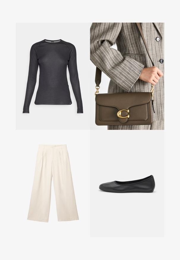 Ruskea neulepaita, jossa on V-kaula-aukko, pitkät hihat, lievästi lyhennetty malli ja ribbaushelma. Pehmeä pinta, jossa on hienostunut viimeistely.; Pitkähihainen musta urheilupaita, joka on valmistettu teksturoidusta, hengittävästä kankaasta. Varustettu pyöreällä kaula-aukolla ja raglan-hihoilla liikkuvuuden helpottamiseksi.; Kapeita leveitä housuja vaaleanbeigessä värissä, pehmeästä ja teksturoidusta kankaasta. Edessä laskokset ja joustava vyötärö, joka tarjoaa rennon istuvuuden.; Musta nahkainen ballerina, jossa on pyöristetty kärki, sileä pinta, minimaalinen ommelkoristelu ja joustava pohjamuotoilu.; COACH TABBY SHOULDER BAG 26 - Käsilaukku - dark stone; Kultaketju, jossa on pitkänomainen, suorakulmainen linkki. Kantaa mustan pitsikauluspaidan päällä, esittäen sileää, kiillotettua pintaa.