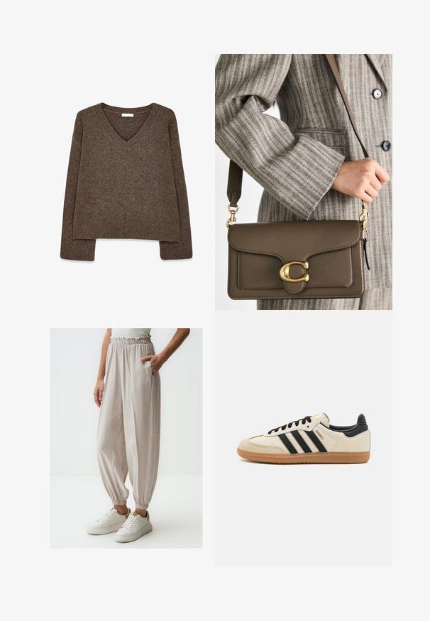 Brązowy, dziany sweter z dekoltem w serek, długimi rękawami, lekko skróconym krojem i prążkowanym wykończeniem. Miękka faktura z gładkim wykończeniem.; Jasno beżowe, luźno dopasowane spodnie z marszczonym pasem i elastycznymi mankietami, z bocznymi kieszeniami i gładką teksturą, w połączeniu z białymi sneakersami.; Beżowe buty sportowe z czarnymi paskami, gumową podeszwą i czarnymi akcentami. Posiadają górną część z gładkiej skóry oraz okrągły kształt noska.; COACH - Torebka; Złoty naszyjnik z łańcuszka z wydłużonymi, prostokątnymi ogniwami. Noszony na czarnej koszuli z koronkowym kołnierzykiem, prezentujący gładkie, wypolerowane wykończenie.