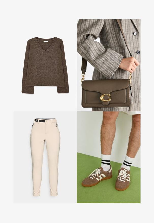 Brown, knit sweater with a V-neck, long sleeves, slightly cropped design, and ribbed hem. Soft texture with a smooth finish.; Beige, form-fitting trousers with a textured fabric. Features a black adjustable waistband and zippered pockets on the sides.; Brown suede sneakers with white accents and laces. Rubber gum sole. Worn with white socks featuring black stripes. Green textured flooring.; COACH TABBY SHOULDER BAG 26 - Handbag - dark stone; Gold chain necklace with elongated, rectangular links. Worn over a black lace collared shirt, displaying a smooth, polished finish.