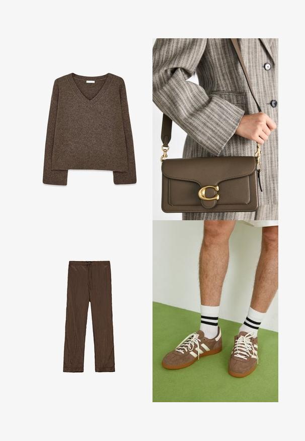 Brązowy, dziany sweter z dekoltem w serek, długimi rękawami, lekko skróconym krojem i prążkowanym wykończeniem. Miękka faktura z gładkim wykończeniem.; Massimo Dutti - Spodnie materiałowe; Brązowe zamszowe sneakersy z białymi akcentami i sznurówkami. Gumowa, brązowa podeszwa. Noszone z białymi skarpetkami w czarne paski. Zielona teksturowana podłoga.; COACH - Torebka; Złoty naszyjnik z łańcuszka z wydłużonymi, prostokątnymi ogniwami. Noszony na czarnej koszuli z koronkowym kołnierzykiem, prezentujący gładkie, wypolerowane wykończenie.