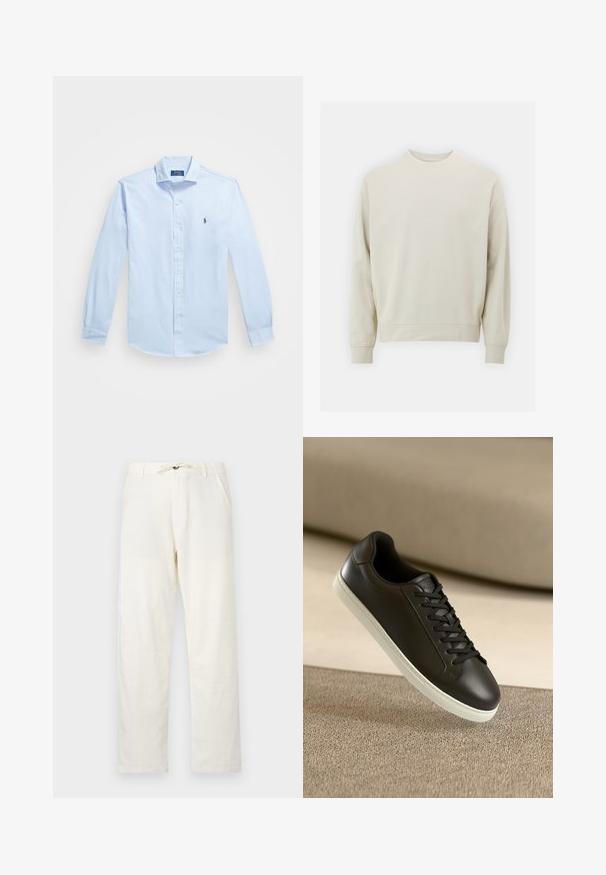 Sweatshirt bege claro feito de um tecido suave, com decote redondo, mangas compridas e punhos e barra canelados. Design minimalista, sem padrões visíveis.; Camisa de botão de manga longa em tecido de algodão, na cor azul claro. Possui um colarinho clássico, um único bolso no peito com um pequeno logótipo bordado.; Calças de linho bege claro com corte reto, cintura com cordão ajustável e dois bolsos laterais. Textura suave e design minimalista.; Sneaker de couro preto com sola de borracha branca e atacadores pretos, posicionado sobre uma superfície e fundo de tecido bege.