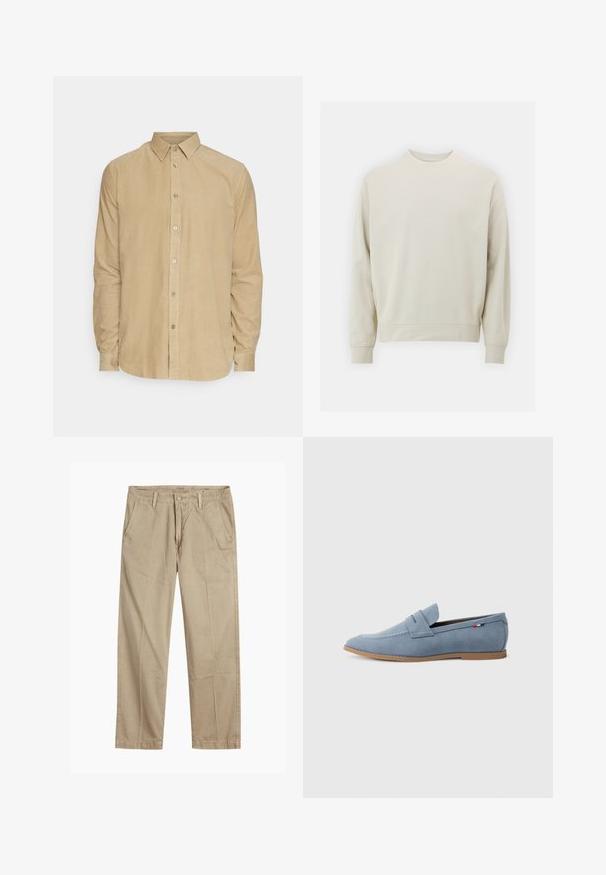 Sweatshirt beige clair en tissu doux avec un col rond, des manches longues et des poignets et un ourlet côtelés. Design minimaliste, sans motifs visibles.; Chemise en velours côtelé beige à manches longues avec col boutonné et boutons sur le devant, présentée sur fond blanc.; Chinos beiges à jambes droites avec passants de ceinture, fermeture par bouton et fermeture éclair à l'avant, et poches avant en biais.; Mocassin en suede bleu clair avec une texture lisse, des coutures décoratives et une semelle en caoutchouc brun. Présente un design à fente pour une pièce de monnaie sur le dessus.