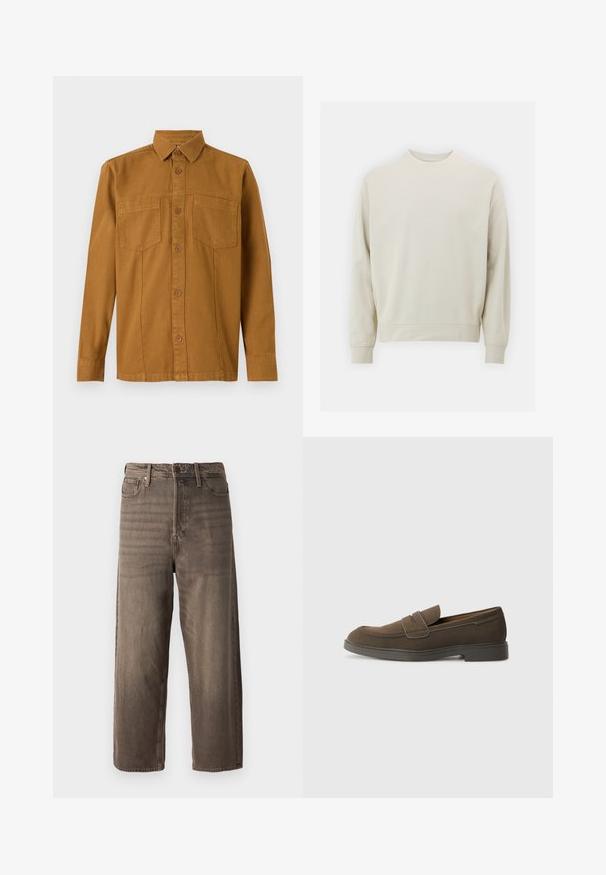 Helles beiges Sweatshirt aus weichem Stoff mit Rundhalsausschnitt, langen Ärmeln und gerippten Bündchen und Saum. Minimalistisches Design, keine sichtbaren Muster.; TOM TAILOR Hemd - deep cognac; Braune weit geschnittene Jeans aus Denim. Mit Reißverschluss, Gürtelschlaufen und fünf Taschen. Der Stoff hat eine verblasste, strukturierte Optik.; Braunes Wildleder-Loafer mit runder Kappe, einem Riemen über dem Spann und einer flachen Gummisohle. Einfaches Design mit klaren Linien und minimalen Details.