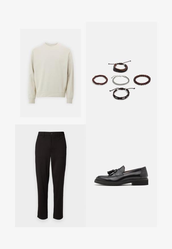 Šviesiai smėlinis džemperis, pagamintas iš minkštos medžiagos, su apvaliu kaklu, ilgomis rankovėmis, ir rebrastu rankogaliu bei apatine dalimi. Minimalistinis dizainas, be matomų raštų.; Juodi kelnių šviesaus audinio, tiesaus kirpimo, su priekyje esančia mygtuko uždarymo sistema, diržo kilpomis ir šoninėmis kišenėmis.; Juodos odinės loafer tipo bateliai su kutais, apvaliu padu ir tekstūruota sola. Charakterizuojasi sklandžiu paviršiumi ir minimalizmo dizainu.; Penkių apyrankių rinkinys, sudarytas iš rudos odos, medinių karoliukų ir sidabrinės grandinėlės; skirtingi tekstūros ir formos, su reguliuojamais uždarymais.