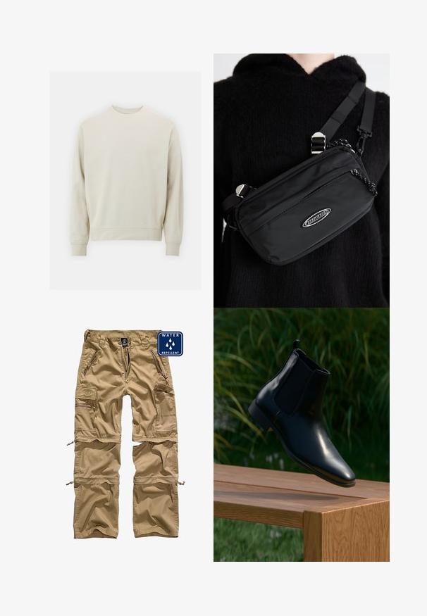 Svijetlosmeđa majica s dugim rukavima izrađena od mekanog materijala, s okruglim izrezom i rebrastim manžetama i rubom. Minimalistički dizajn, bez vidljivih uzoraka.; Kaki cargo hlače izrađene od tkanine koja odbija vodu. Imaju više zatvorenih džepova i odvojive donje nogavice za svestranost.; Crne kožne Chelsea čizme lebde iznad drvene klupe s travom i biljkama u pozadini.; Crna najlon crossbody torba s podesivom trakom, koja se odlikuje glatkom teksturom, prednjim džepom na patentni zatvarač i logotipom kao akcentom.