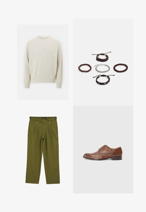 Soehking heegrebees värviga sweatshirt pehmest kangast, ümmarguse kaelusega, pikkade varrukatega ja ribanitest mansettide ja alläärega. Minimalistlik disain, ilma nähtavate mustriteta.; Oliivrohelised voltidega püksid otse lõikega. Omavad kahte esist nuppu, vöökoharihma silmuseid ja sileda tekstuuriga kangast.; Pruun nahast kleitking, millel on sile viimistlus, ümar varvas, viie silmuse nöörimine ja madal, lame konts. Küljel on peened õmblemise aktsendid.; Viie käevõru komplekt, mis sisaldab pruuni nahka, puidust helmeid ja hõbedast ketti; erinevad tekstuurid ja kujundid, reguleeritavad sulgurid.