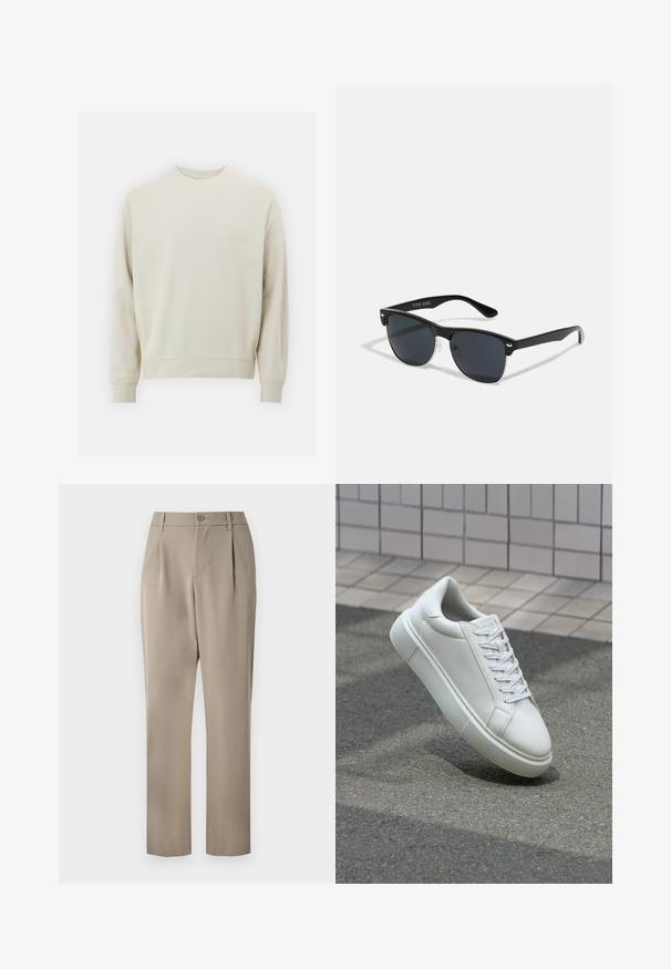 Light beige sweatshirt made of soft fabric with a crew neck, long sleeves, and ribbed cuffs and hem. Minimalist design, no visible patterns.; Khaki trousers with a straight-leg design, featuring a button closure and pleated front. Made from smooth fabric with a matte finish.; White leather sneaker with a smooth surface, round toe, and flat white laces. Features a textured rubber sole and minimal design elements.; Black sunglasses with a rectangular shape, dark lenses, silver accents at the temples, and a matte finish on the frame.