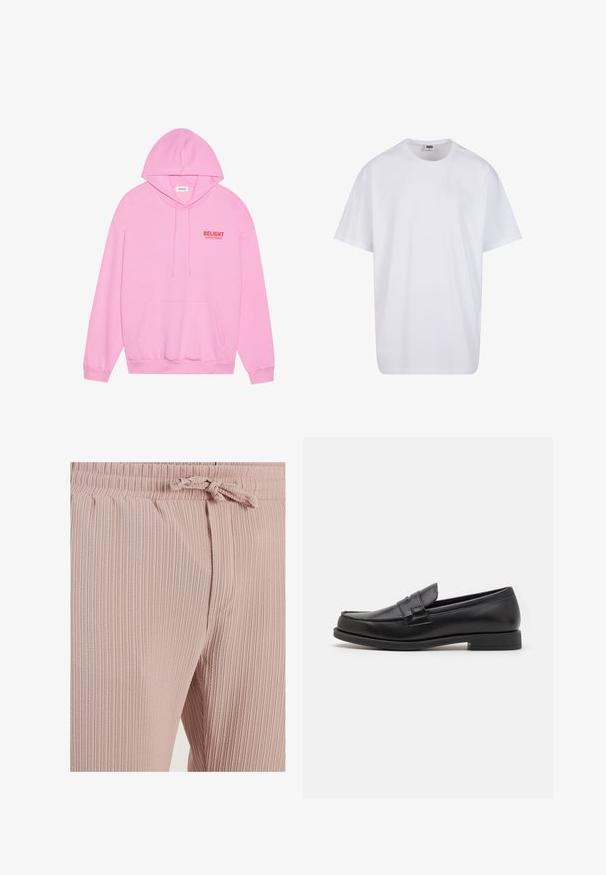 Roze hoodie gemaakt van zachte stof met een voorkant zak, trekkoordkap en het woord "DELIGHT" in het rood gedrukt op de borst.; Witte katoenen t-shirt met korte mouwen, ronde hals, relaxte pasvorm en zonder zichtbare logo's of patronen. Gladde textuur en minimalistisch ontwerp.; Roze geribbelde stoffen broek met een elastische tailleband en trekkoord. Beschikt over zijzakken en een verticale textuur over de hele broek.; Zwarte leren instappers met een slank ontwerp, afgeronde neus, gestikte details en een lage blokhak. Gladde textuur en minimale accenten.