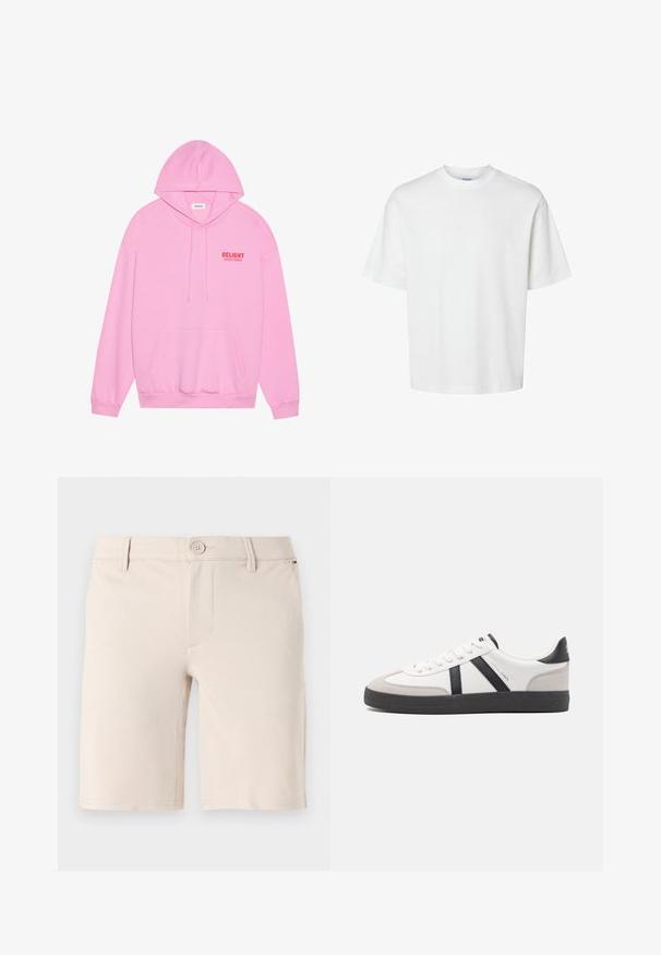 Pink hoodie made of soft fabric featuring a front pocket, drawstring hood, and the word "DELIGHT" printed in red on the chest.; White cotton t-shirt with short sleeves, crew neckline, and a relaxed fit. Smooth texture with no visible patterns or accents.; Beige shorts made of smooth fabric; features a button closure, belt loops, and a clean front design with straight leg openings.; White sneaker with black and gray accents, featuring a textured gray toe cap, black rubber sole, and flat white laces. Clean design, minimalist style.