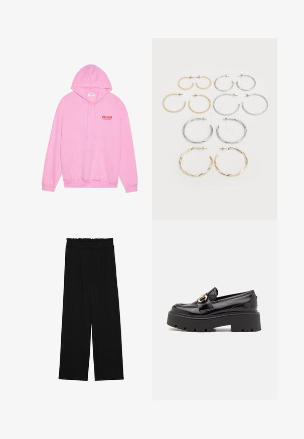 Sweat à capuche rose en tissu doux, doté d'une poche frontale, d'un cordon de serrage et de l'inscription "DELIGHT" en rouge sur la poitrine.; Pantalons larges noirs à taille volante, dotés de deux poches latérales et d'un tissu lisse et léger. Pas de motifs ni de matériel visible.; Steve Madden OCCUPY - Chaussons - black; Ensemble de douze boucles d'oreilles créoles en tons argent et or. Comprend des designs torsadés, lisses et texturés avec différentes tailles et finitions.