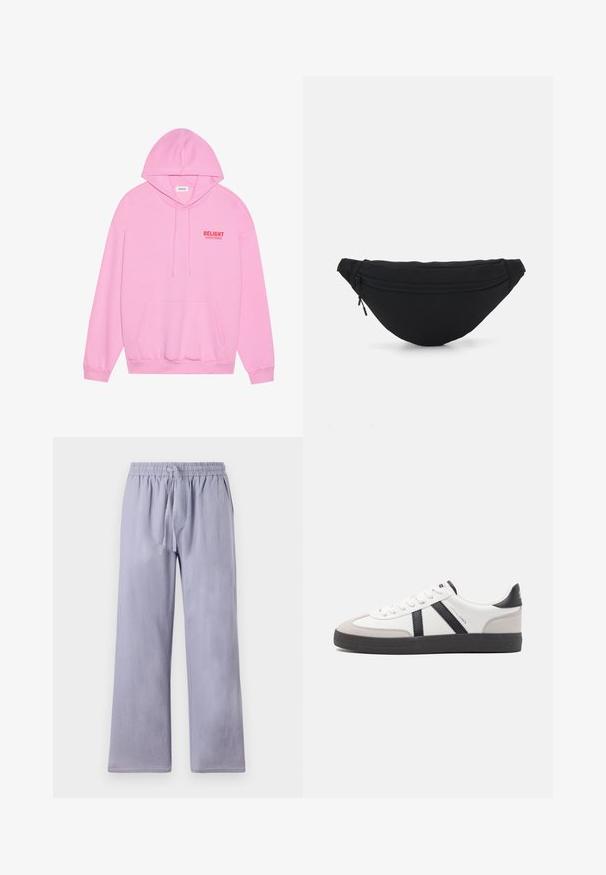 Roze hoodie gemaakt van zachte stof met een voorkant zak, trekkoordkap en het woord "DELIGHT" in het rood gedrukt op de borst.; Lichtpaarse, losse broek met een brede pijp, gemaakt van zachte stof. Voorzien van een elastische tailleband en trekkoord voor een verstelbare pasvorm.; Witte sneaker met zwarte en grijze accenten, voorzien van een grijze neus met textuur, zwarte rubberen zool en platte witte veters. Schoon ontwerp, minimalistische stijl.; Zwarte stof heuptas met een afgeronde vorm, voorzak met rits en een gladde textuur. Geen zichtbare patronen of accenten. Lichtgewicht ontwerp.