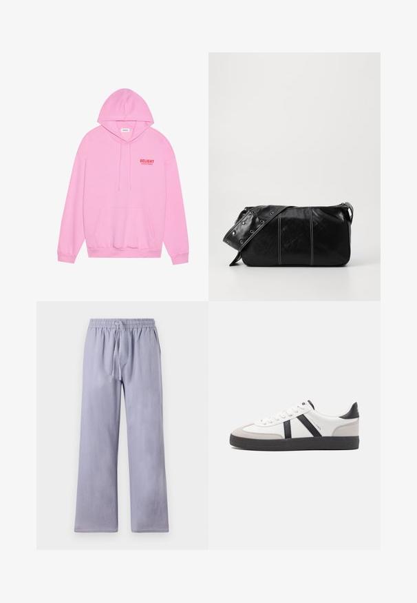 Sweat à capuche rose en tissu doux, doté d'une poche frontale, d'un cordon de serrage et de l'inscription "DELIGHT" en rouge sur la poitrine.; Pantalons lilas clair, amples avec une jambe large, en tissu doux. Dotés d'une taille élastique et d'un cordon de serrage pour un ajustement réglable.; Baskets blanches avec des accents noirs et gris, présentant un embout texturé gris, une semelle en caoutchouc noir et des lacets plats blancs. Design épuré, style minimaliste.; Sac à épaule en cuir noir avec une fermeture éclair, doté d'un corps texturé, de coutures blanches et d'une sangle avec des œillets en argent.